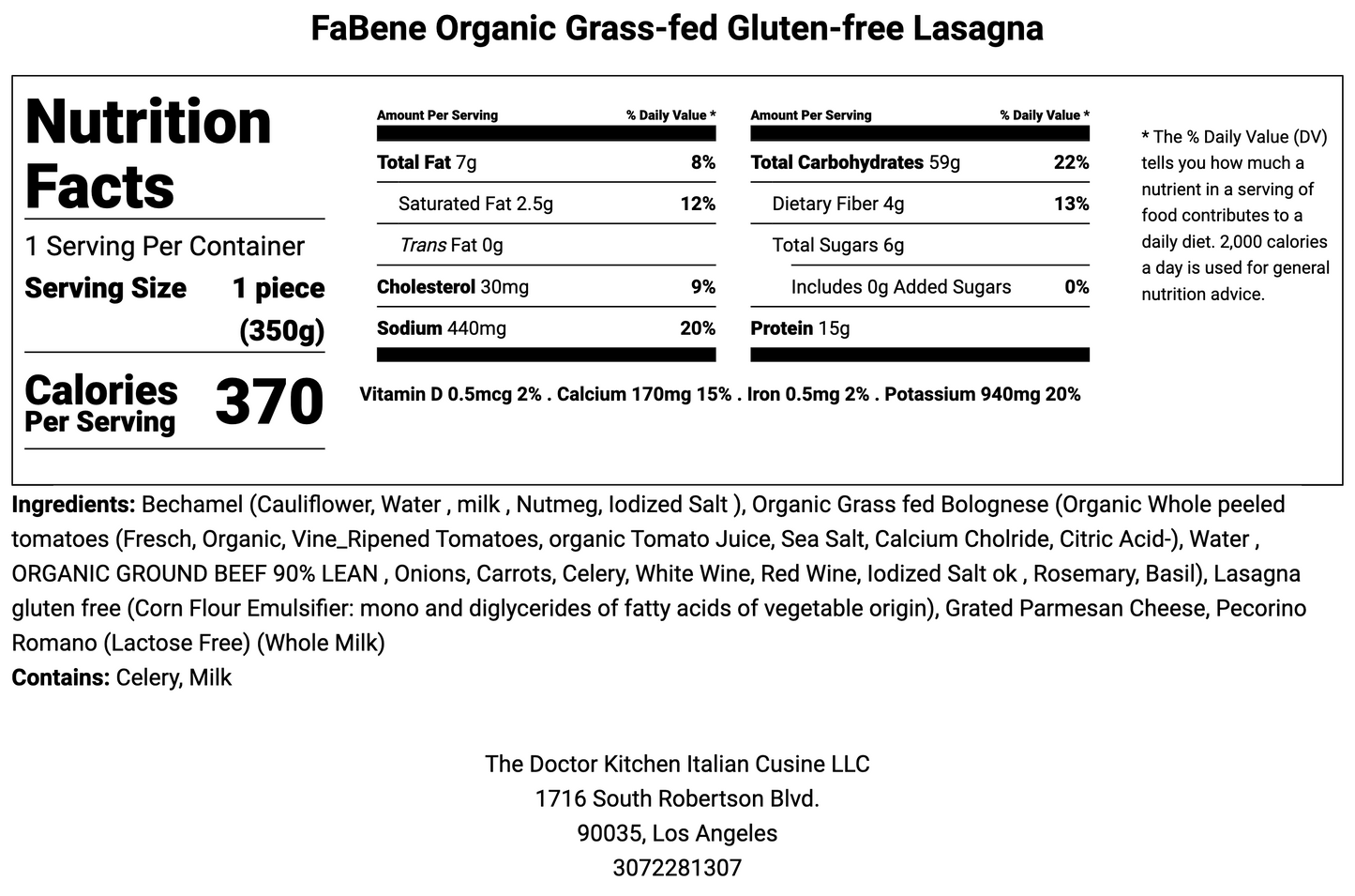 Organic Gluten-free  Grass-Fed Beef Lasagna